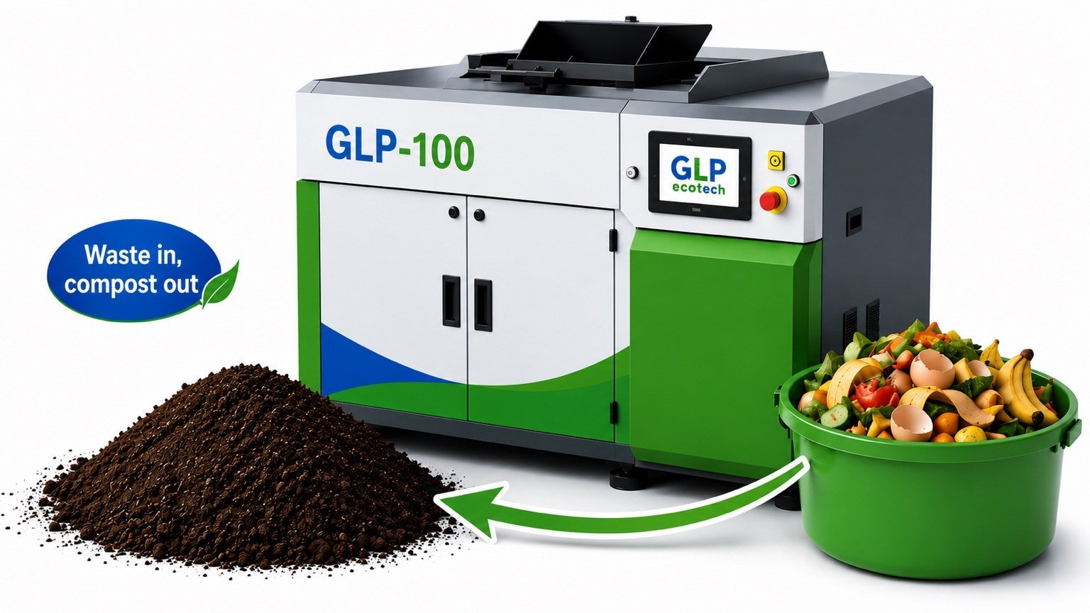 GLP-100 food waste composter turning food waste into compost